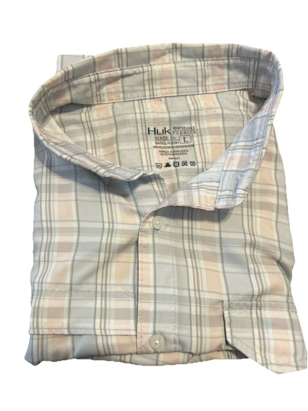Huk Performance Fishing Shirt Men’s Large Pink Gray Plaid Button Short Sleeve